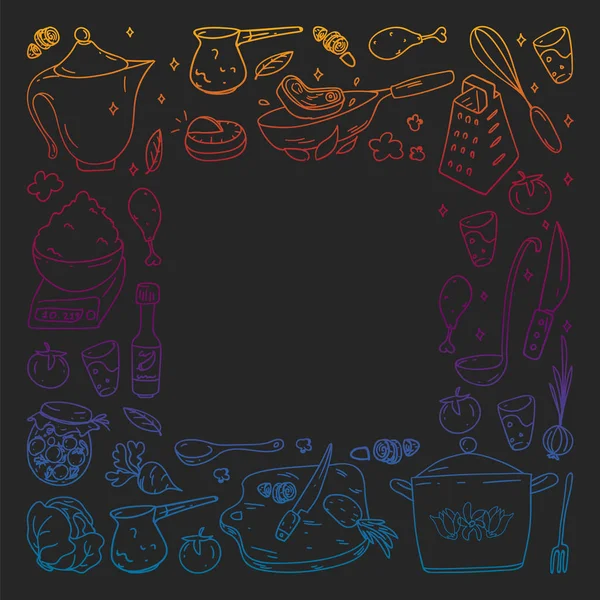 Vzor přechodu na tabuli nakreslený křídou, s ikonami gastronomie, vektorovou kuchyní a kavárnou rychlého občerstvení jasné pozadí pro menu, stvrzenky. — Stockový vektor