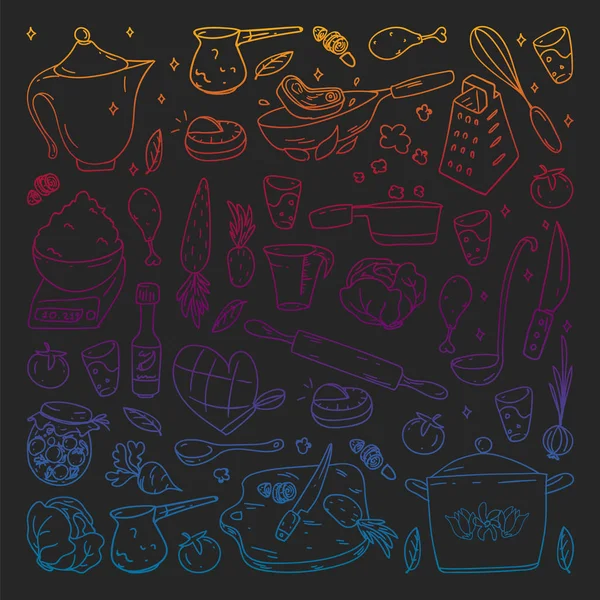 Gradientenmuster auf Tafel in Kreide gezeichnet, mit Gastronomie-Symbolen, Vektorküche und Fast-Food-Café heller Hintergrund für Speisekarte, Quittungen. — Stockvektor