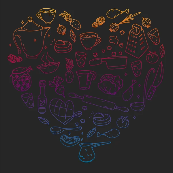 Gradientenmuster auf Tafel in Kreide gezeichnet, mit Gastronomie-Symbolen, Vektorküche und Fast-Food-Café heller Hintergrund für Speisekarte, Quittungen. — Stockvektor