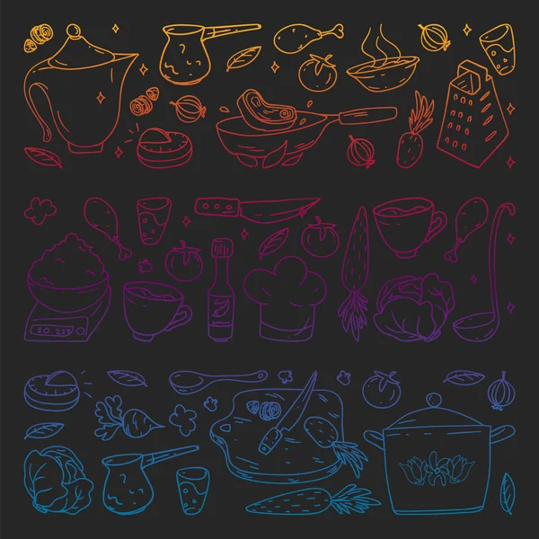 Vzor přechodu na tabuli nakreslený křídou, s ikonami gastronomie, vektorovou kuchyní a kavárnou rychlého občerstvení jasné pozadí pro menu, stvrzenky. — Stockový vektor