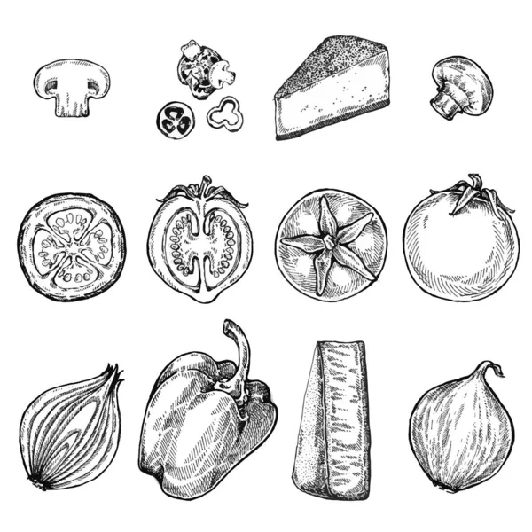 Dibujo, pizza, mesa, ingredientes de alimentos orgánicos. Ilustración de pizza dibujada a mano. Ideal para menú, póster o etiqueta sobre fondo blanco . —  Fotos de Stock