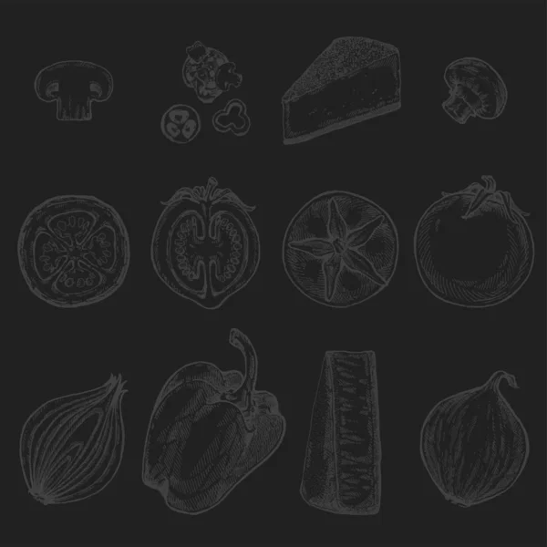 Drawing, pizza, table, organic food ingredients. Hand drawn pizza illustration. Great for menu, poster or label on blackboard background. — Stock Photo, Image