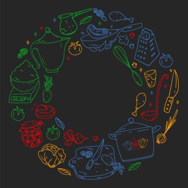 Gastromi simgeleri, vektör mutfağı ve fast food kafe parlak arkaplan menüleri ve makbuzlarıyla, renkli bir şekilde çizilmiş karatahta deseni.