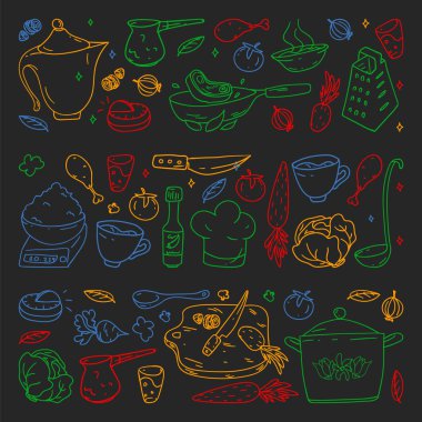 Gastromi simgeleri, vektör mutfağı ve fast food kafe parlak arkaplan menüleri ve makbuzlarıyla, renkli bir şekilde çizilmiş karatahta deseni.