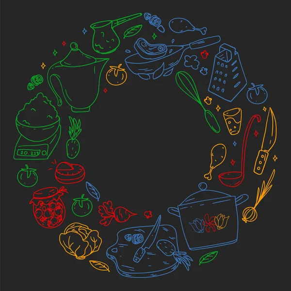 Muster auf Tafel in farbenfrohem Stil gezeichnet, mit Gastronomie-Symbolen, Vektorküche und Fast-Food-Café heller Hintergrund für Speisekarte, Quittungen. — Stockvektor