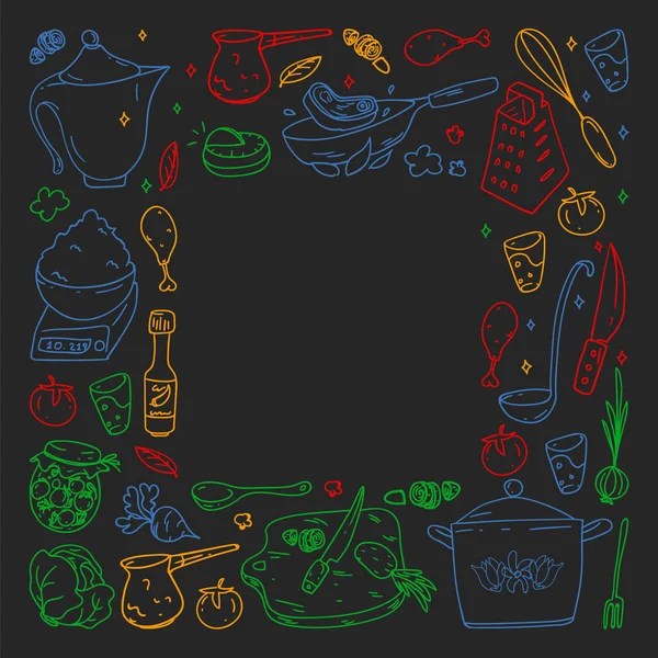 Patroon op schoolbord getekend in kleurrijke stijl, met gastronomie pictogrammen, vector keuken en fast food cafe heldere achtergrond voor het menu, ontvangsten. — Stockvector