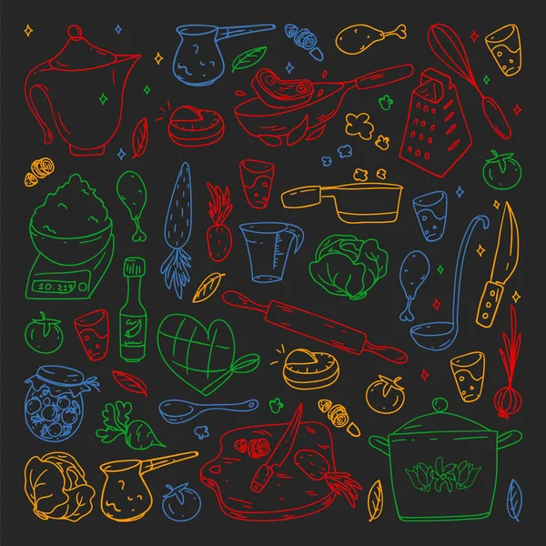 Μοτίβο στον μαυροπίνακα σε πολύχρωμο στυλ, με εικόνες γαστρονομίας, vector κουζίνα και fast food cafe φωτεινό φόντο για το μενού, αποδείξεις. — Διανυσματικό Αρχείο
