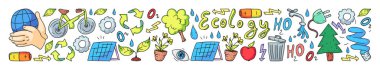 Vektör deseni, uzun afiş, moda çizim tarzında tasarım ve rozet - sıfır atık kavramı, geri dönüşüm ve yeniden kullanım, ekolojik yaşam tarzı ve sürdürülebilir gelişim simgeleri.