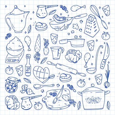 Gastronomi ikonları, vektör mutfağı ve fast food kafe parlak arka planlı menü, makbuzlar. Kalemle çizilmiş, beyaz bir arkaplanda kareli kağıt üzerine..