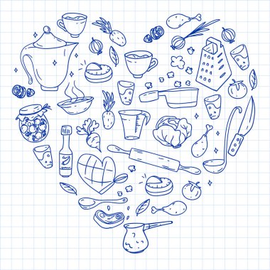 Gastronomi ikonları, vektör mutfağı ve fast food kafe parlak arka planlı menü, makbuzlar. Kalemle çizilmiş, beyaz bir arkaplanda kareli kağıt üzerine..