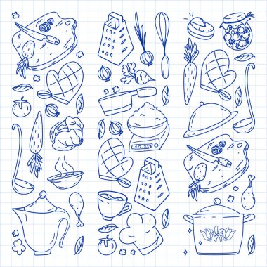 Gastronomi ikonları, vektör mutfağı ve fast food kafe parlak arka planlı menü, makbuzlar. Kalemle çizilmiş, beyaz bir arkaplanda kareli kağıt üzerine..