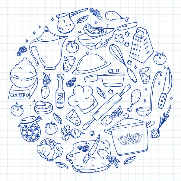 Pattern with gastronomy icons, vector cuisine and fast food cafe bright background for menu, receipts. Drawn with a pen, on a sheet of checkered paper on a white background. — Stock Vector