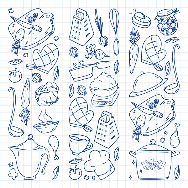 Pattern with gastronomy icons, vector cuisine and fast food cafe bright background for menu, receipts. Drawn with a pen, on a sheet of checkered paper on a white background. — Stock Vector