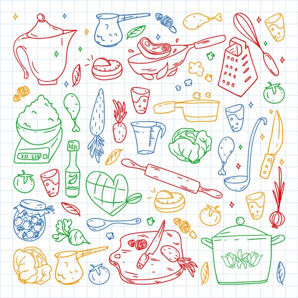 Pattern with gastronomy icons, vector cuisine and fast food cafe bright background for menu, receipts. Colorful, pictures on a sheet of checkered paper on a white background. — 스톡 벡터