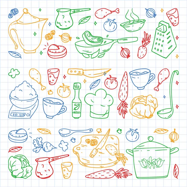 Motif avec des icônes de la gastronomie, cuisine vectorielle et fast food café fond lumineux pour menu, reçus. Coloré, photos sur une feuille de papier à carreaux sur un fond blanc . — Image vectorielle