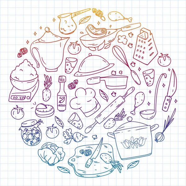 Vector set of cooking, γαστρονομία, vector cuisine and fast food cafe icons in doodle style. Χρωματιστά, πολύχρωμα, κλίση, σε ένα φύλλο καρό χαρτί σε λευκό φόντο. — Διανυσματικό Αρχείο