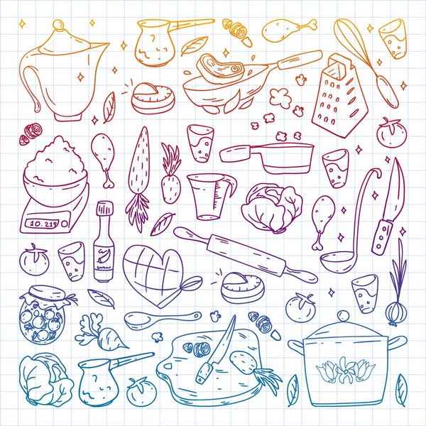 Vector set of cooking, γαστρονομία, vector cuisine and fast food cafe icons in doodle style. Χρωματιστά, πολύχρωμα, κλίση, σε ένα φύλλο καρό χαρτί σε λευκό φόντο. — Διανυσματικό Αρχείο