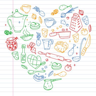 Gastronomi ikonları, vektör mutfağı ve fast food kafe parlak arka planlı menü, makbuzlar. Renkli, beyaz arkaplandaki kareli kağıtta resimler.