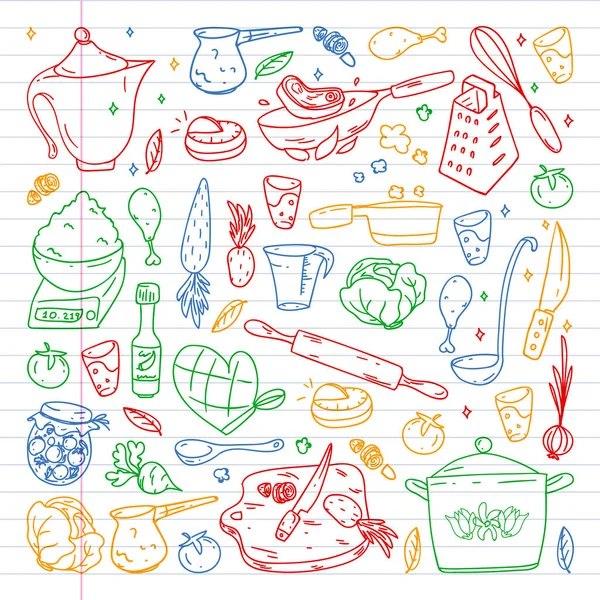 Pattern with gastronomy icons, vector cuisine and fast food cafe bright background for menu, receipts. Colorful, pictures on a sheet of checkered paper on a white background. — 스톡 벡터