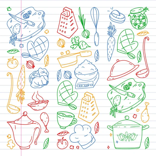 Vzor s ikonami gastronomie, vektorová kuchyně a rychlé občerstvení kavárna jasné zázemí pro menu, stvrzenky. Barevné, obrázky na listu kostkovaného papíru na bílém pozadí. — Stockový vektor