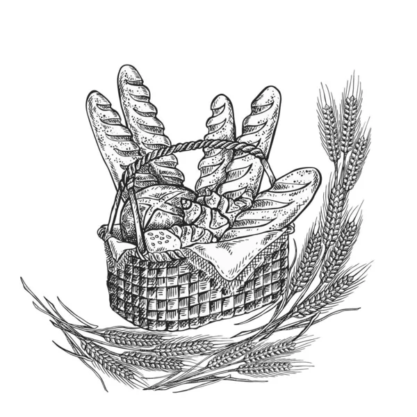 Handgezeichnete Vintage Vektor Illustration Bakery Basket — Stockvektor