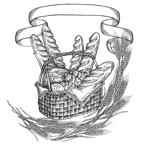 Handgezeichnete Vintage Vektor Illustration Bakery Basket — Stockvektor