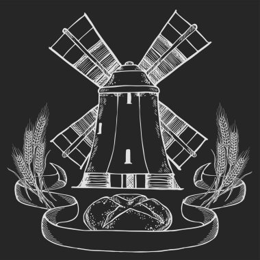 Yel değirmeni logosu - vektör çizimi. Beyaz arkaplanda fırın amblemi tasarımı, tahtada tebeşir çizimi
