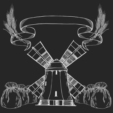 Yel değirmeni logosu - vektör çizimi. Beyaz arkaplanda fırın amblemi tasarımı, tahtada tebeşir çizimi