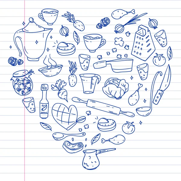 メニュー、領収書のための美食のアイコン、ベクトル料理とファーストフードカフェ明るい背景とパターン。ペンで描かれ、白い背景に線の紙に描かれている。. — ストックベクタ