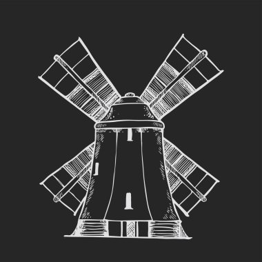Yel değirmeni logosu - vektör çizimi. Pastane amblemi, siyah arka plan üzerinde siyah beyaz çizimler, el çizimi.,