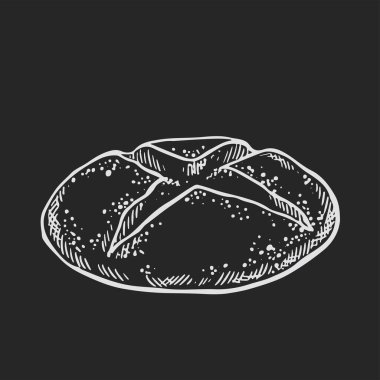 Siyah arkaplana çizilmiş baget ekmeği vektörü. Fırın ürünleri skeci. Dükkan, ekmek evi etiketi, menü veya ambalaj tasarımı için klasik gıda illüstrasyonu.