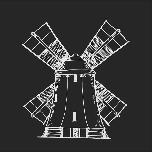Logo del mulino a vento - illustrazione vettoriale. Emblema panetteria, illustrazione in bianco e nero su sfondo nero isolato, disegno a mano, — Vettoriale Stock