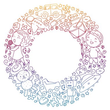 Çocukluk teması üzerine el stili ile boyanmış. Çocuk tasarımı için vektör illüstrasyonu.