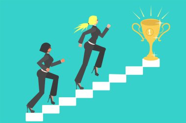 Vektör illüstrasyon, iş kadınları liderlik için savaşıyor, şampiyonluk için yarışıyor, iş dünyasında savaşıyor, rütbeler arasında terfi almak için savaşıyor..