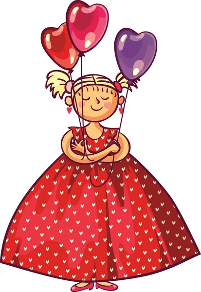 Šťastná dívka s balónky ve tvaru červeného srdce — Stockový vektor