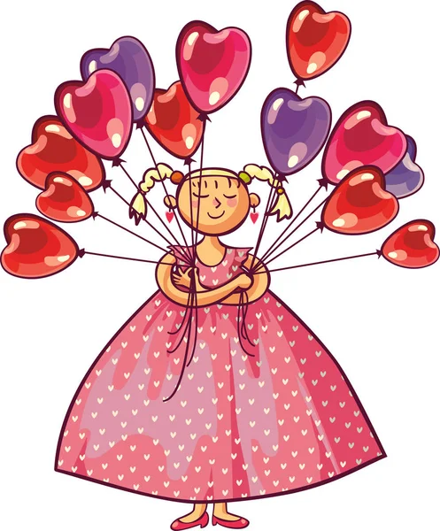 Ung kvinde med mange røde hjerteformede balloner . – Stock-vektor