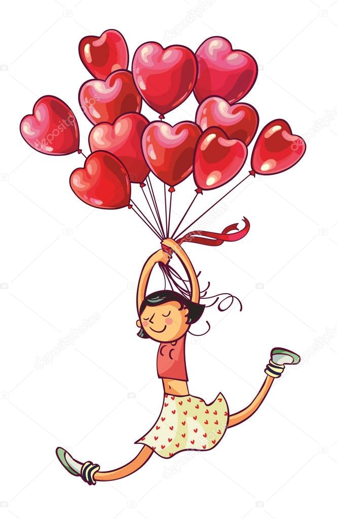 Girl is flying on heart balloons