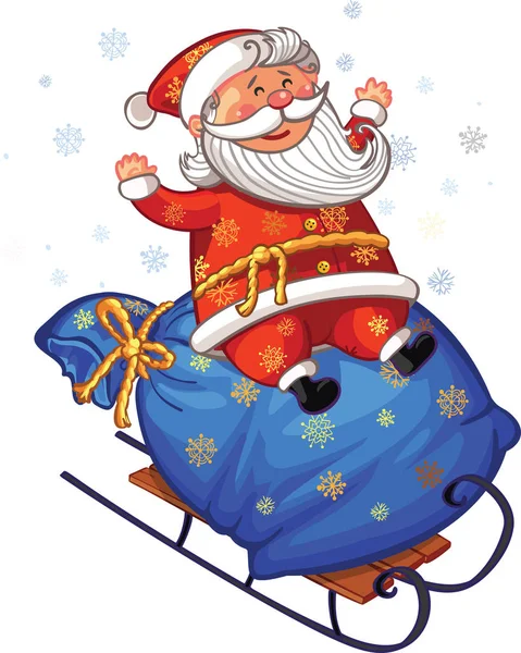 Santa Claus riding sleigh with big bag — Stock Vector