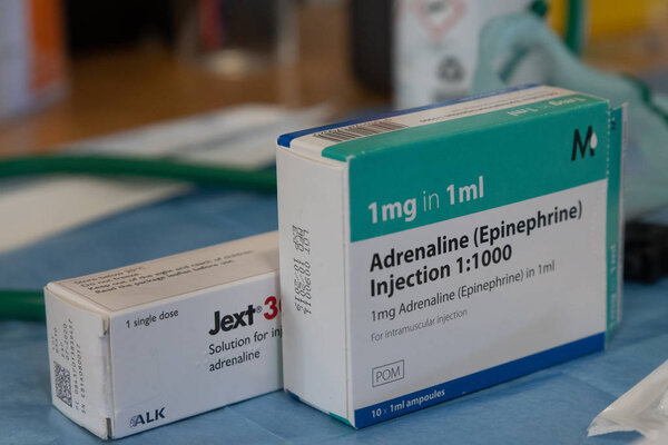 Boxes of ampoules of the emergency drug Adrenaline or Epinephrine. 