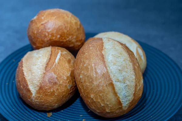 Few Freshly Baked Bread Rolls Dark Background — Stock Photo, Image