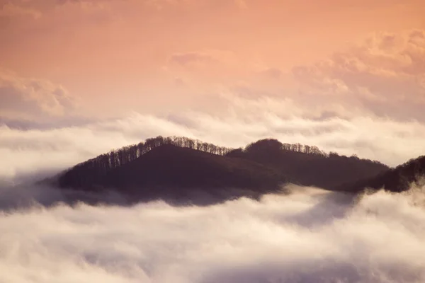 Foggy mountains at sunrise at long exposure. Concept: floating island — Zdjęcie stockowe