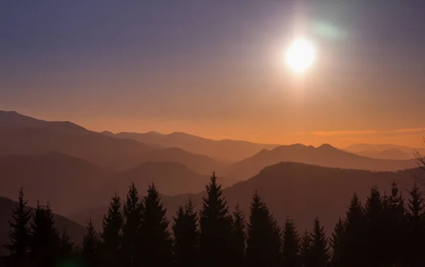 Silhouettes Mountains Trees Sunrise Scenery View — Stock Photo, Image