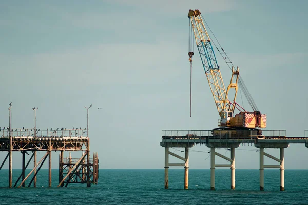 Журавель будує пірс для риболовлі у бірюзовій воді і руйнує стару. — стокове фото