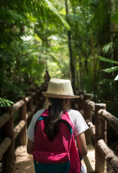 带背包的女孩走进热带雨林. — 图库照片