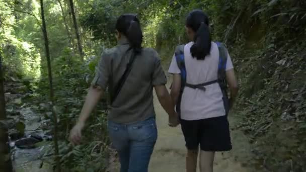 Vista Trasera Madre Hija Están Caminando Mano Juntos Sendero Largo — Vídeos de Stock