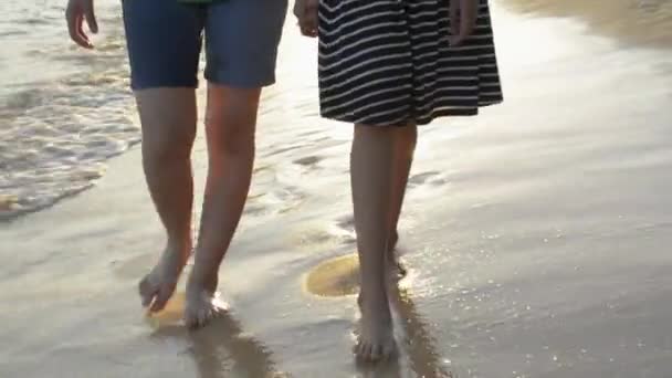 Kız Kardeşiyle Ele Yürüyen Asyalı Bir Kız Sahilde Dalgalar Kıyıya — Stok video