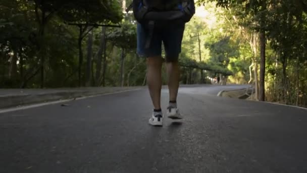 熱帯雨林をバックパックで歩くアジアの女性ハイカーの背面の低角度ビュー 丘から夜明け行く小さな道を歩いて女性の足を閉じます — ストック動画