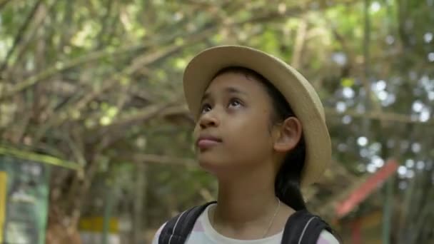 Asiático Bonito Menina Com Mochila Olhando Redor Selva Parque Natural — Vídeo de Stock