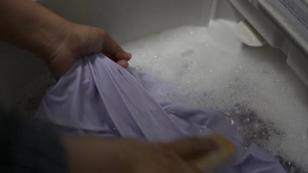 Hands Woman Brushing Clean Clothes While Washing Laundry Bin Home — Stock Video