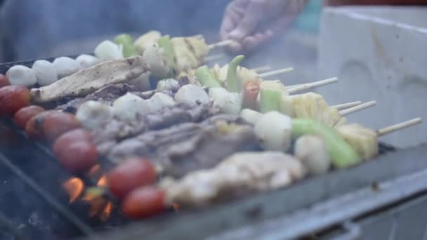 Kvinnans Händer Roterar Spett Kyckling Nötkött Och Fiskkött Som Steks — Stockvideo